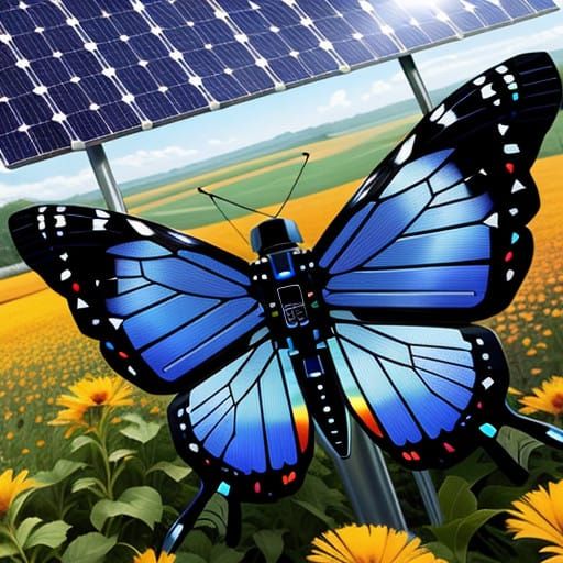 Robotic Butterfly with Solar Wings in a Vibrant Floral Field