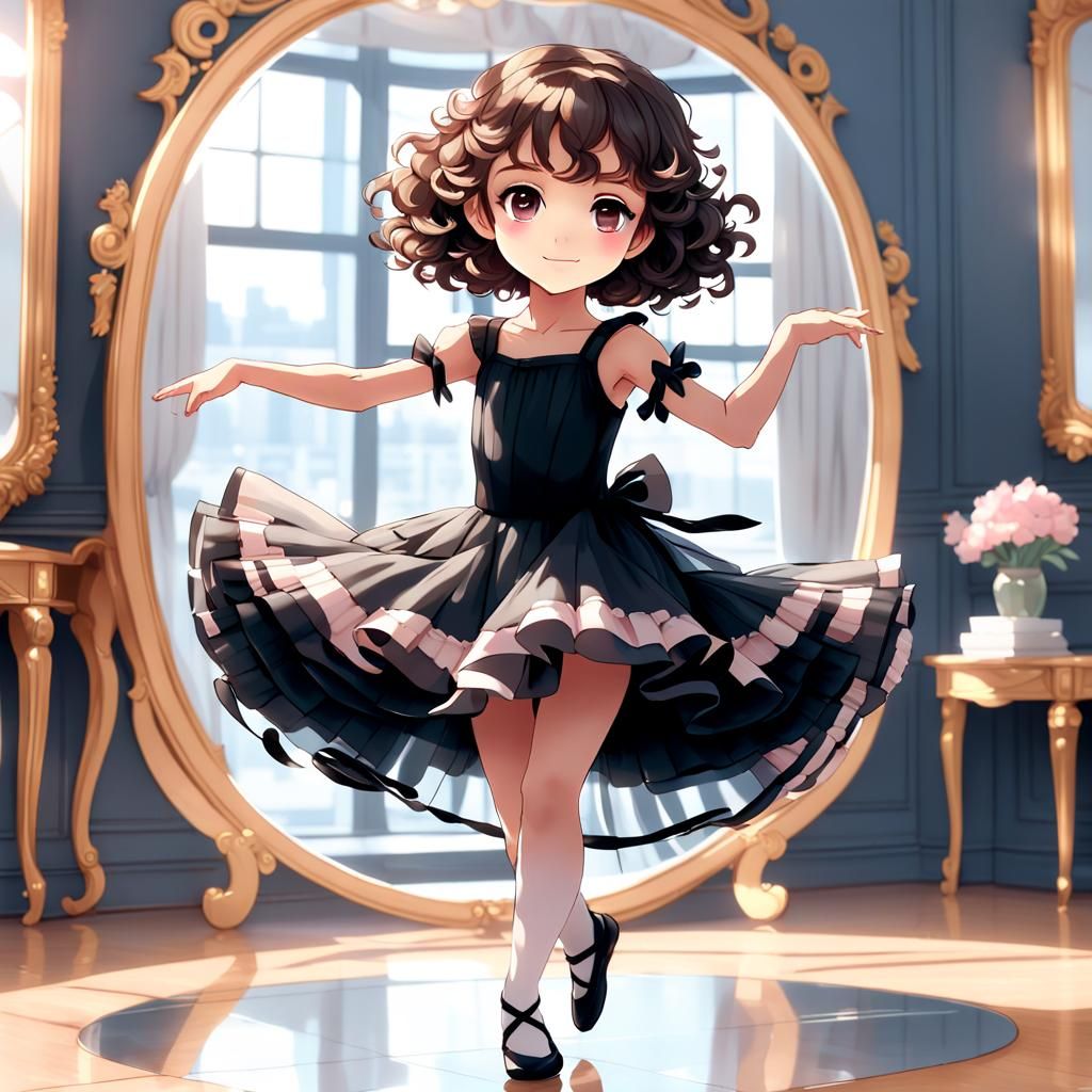 Chibi Black Ballerina Dancing in Sakura Setting