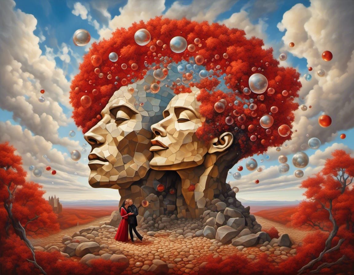 Mosaic Kiss: Surreal Oil Painting with Soap Bubbles