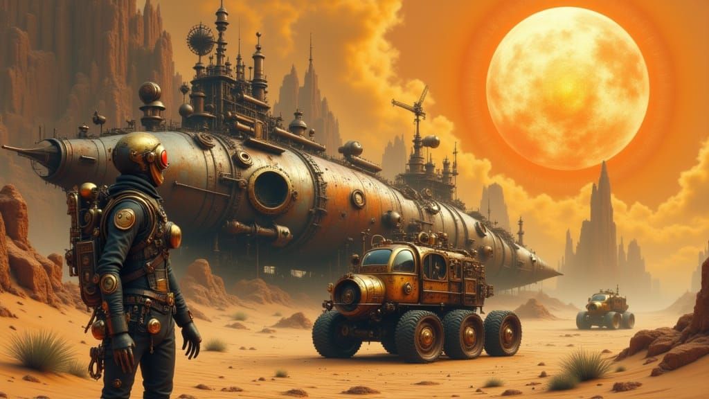 Steampunk Astronaut at Spaceship Wreck in Desert