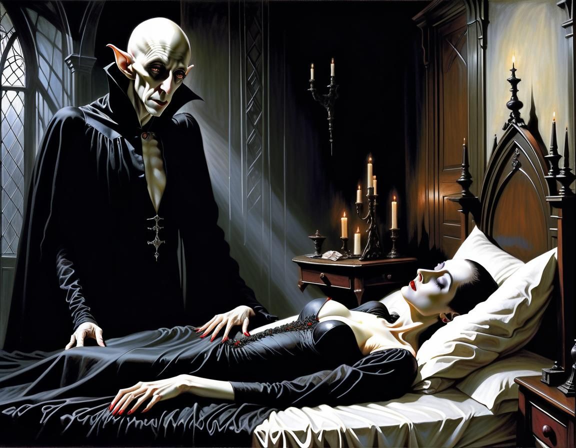 Nosferatu Stalks Woman in Gothic Chamber
