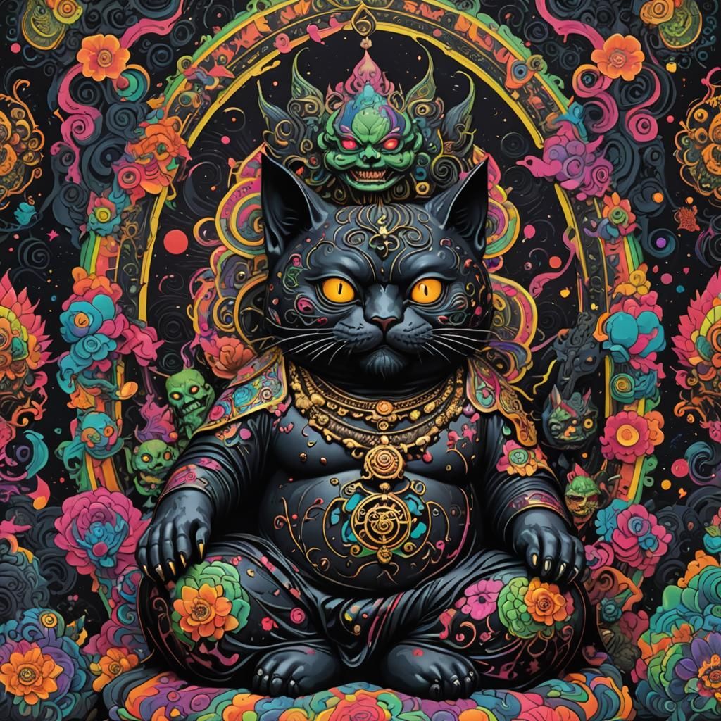 Psychedelic Zombie Cat Buddha: Mad Genius Art