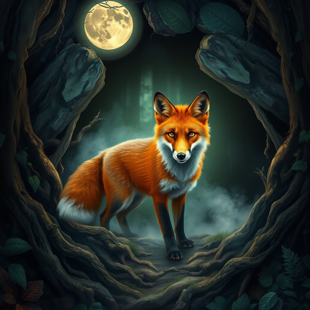 Fox Emerging from Mystical Cave: Photorealistic Stock Photo