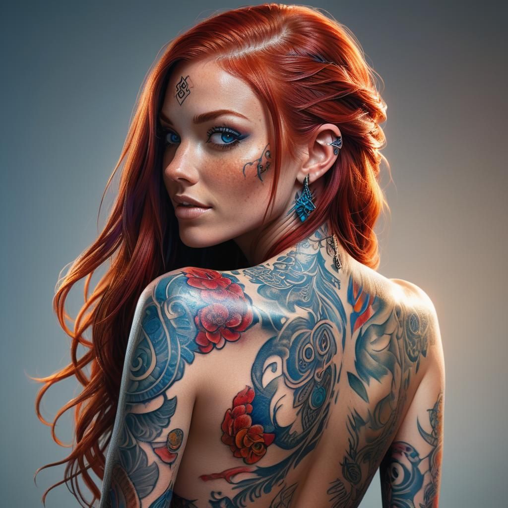 Tattooed Woman with Red Hair in Hyper-Realistic Style