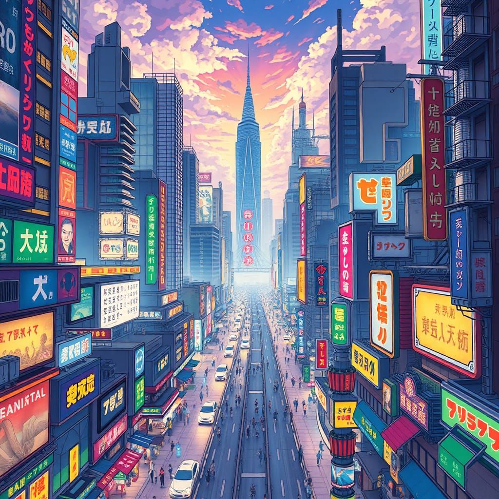 Anime Cityscape with Neon Lights and Vibrant Style