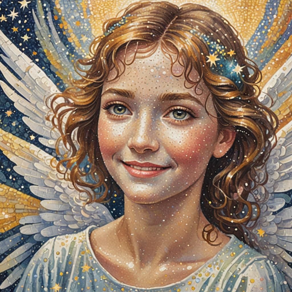 Pointillist Angel Portrait in Warm Light