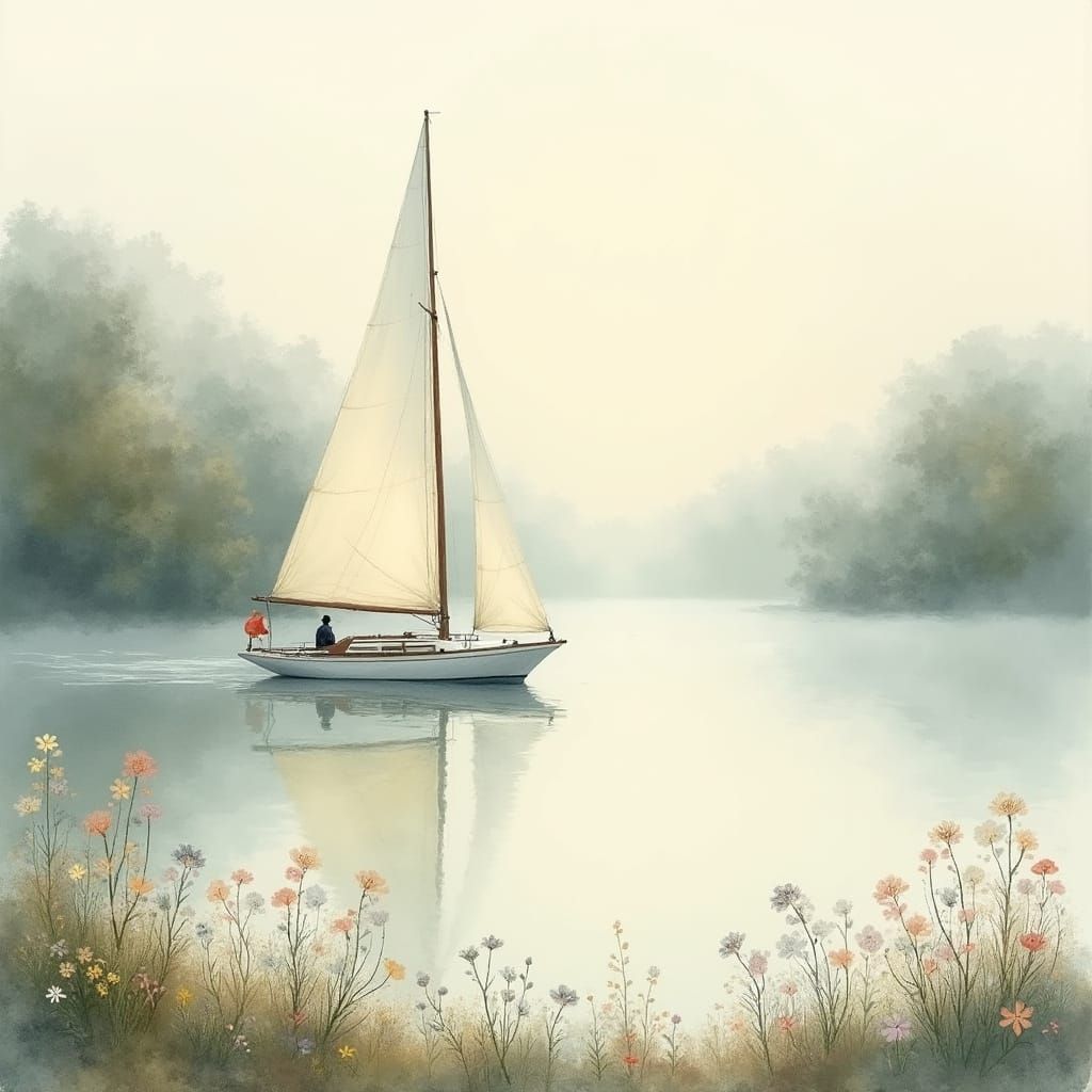 White Sailboat on Misty Lake in Watercolor Style