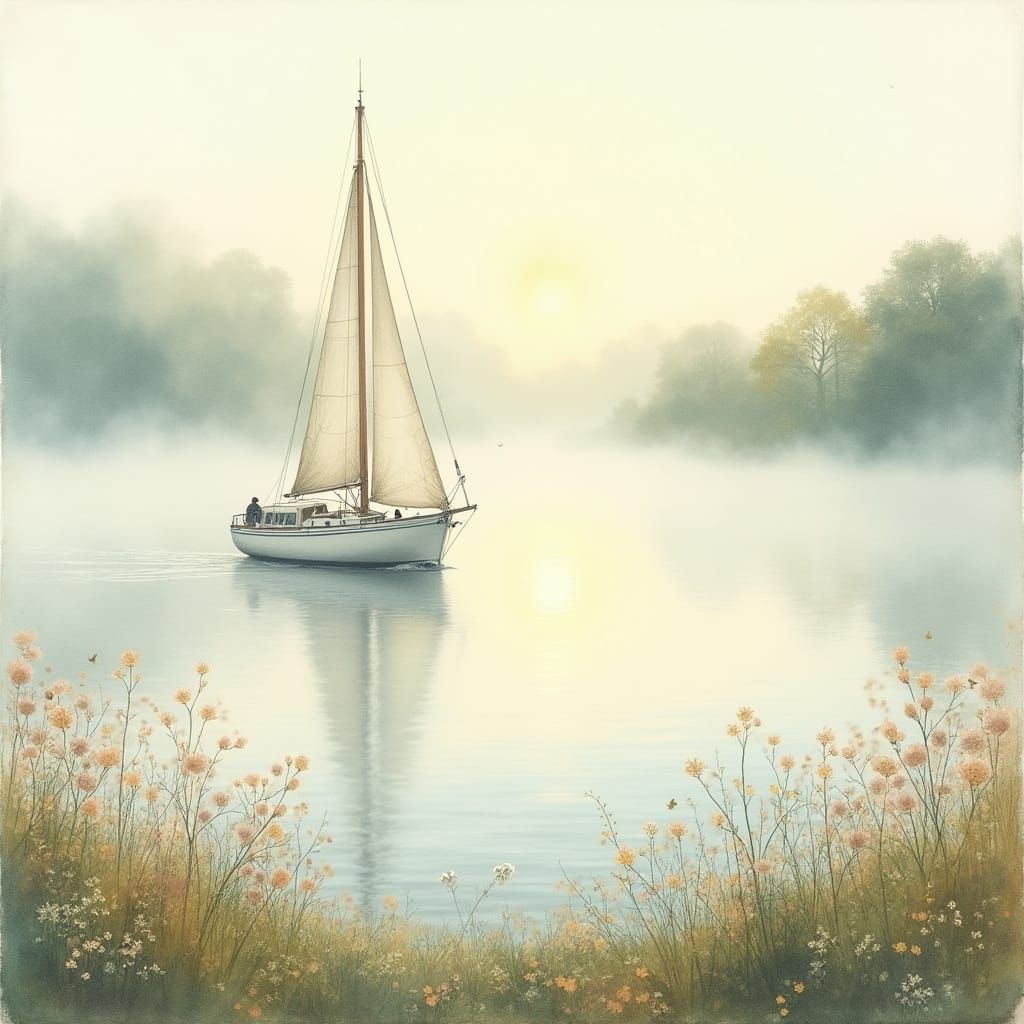 Sailboat on Misty Lake in Beatrix Potter Style
