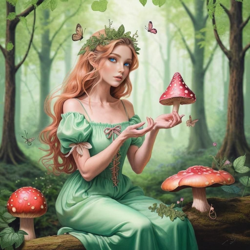 Ethereal Fairy Scene with Mushrooms and Foliage