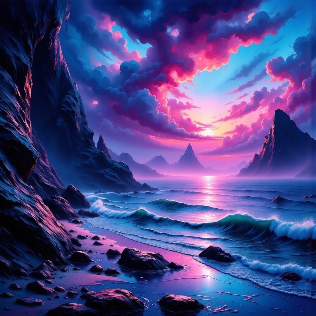 Mysterious Seascape with Indigo and Pink Light
