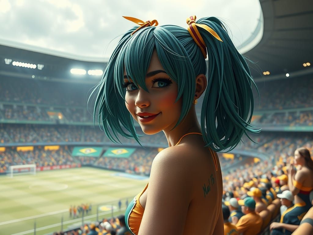Brazilian Hatsune Miku Cheers, Photorealistic Digital Art