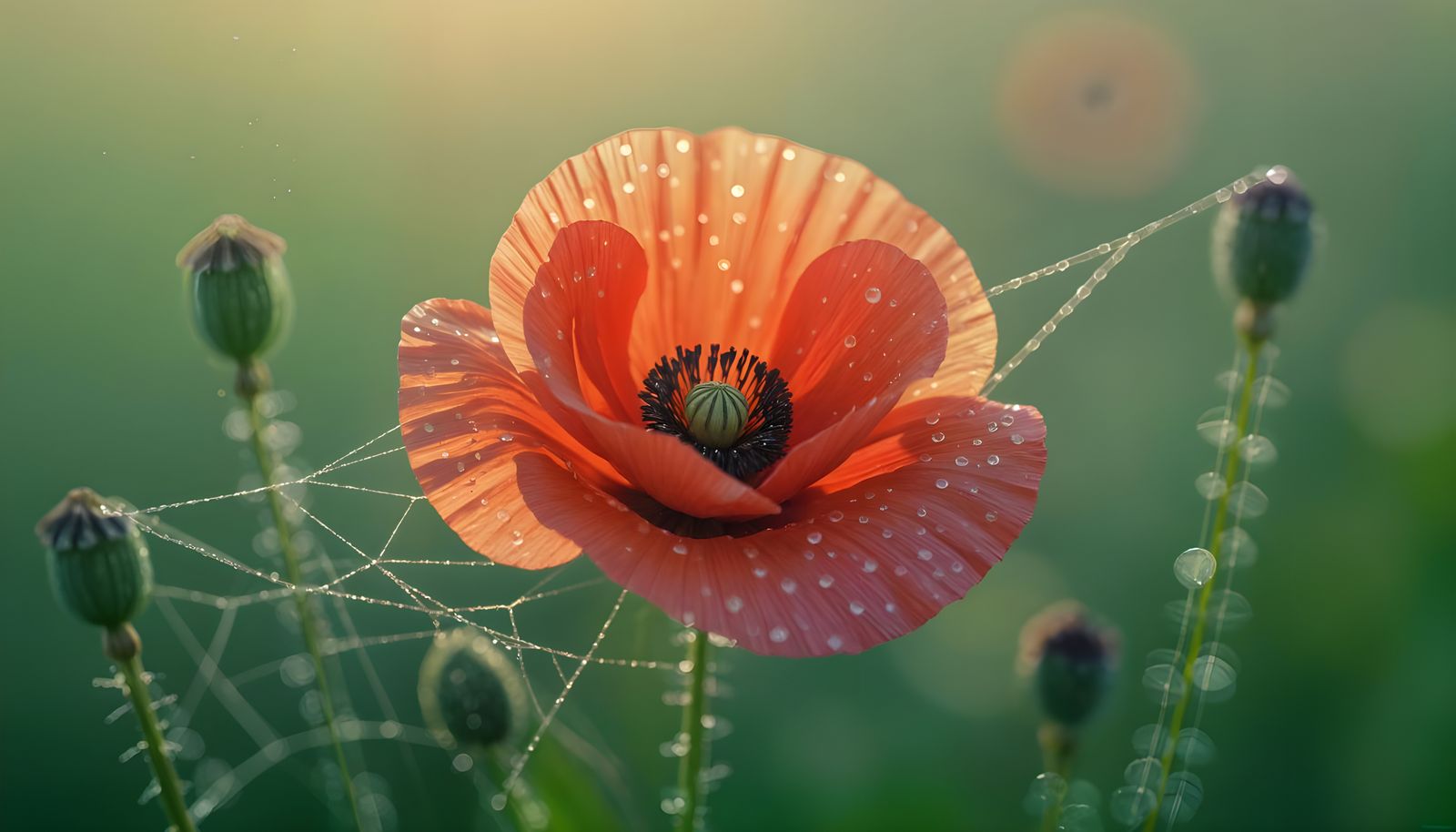 Poppy Woven From Spider Silk With Morning Dew