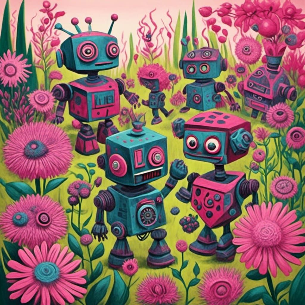 Cute Robots Cultivating a Flower Garden