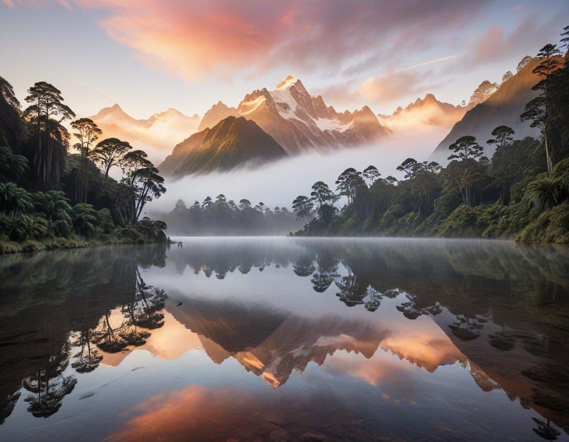 Breathtaking Lake Matheson at sunrise, New Zealand.
