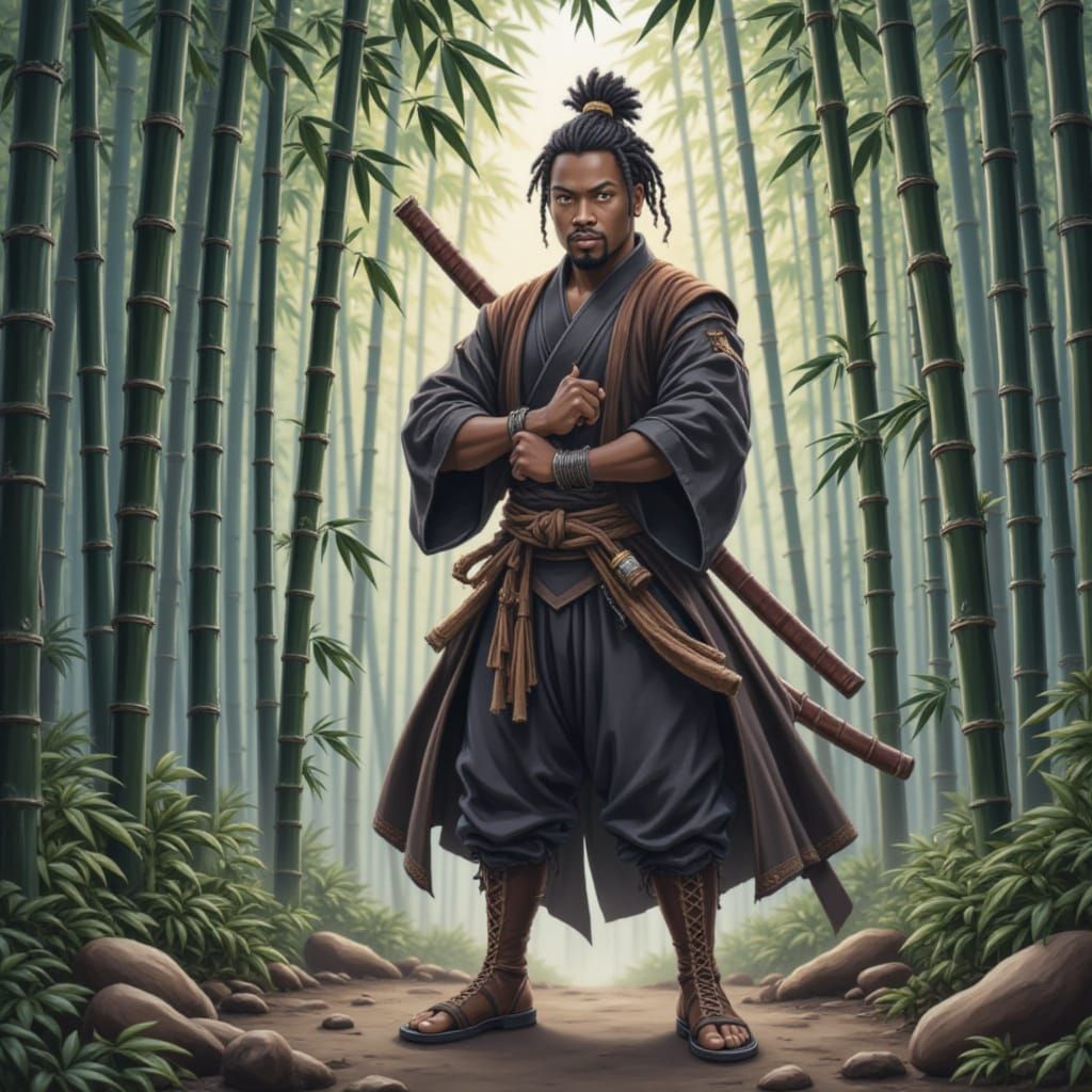 Surreal Samurai in a Marvel Comic Aesthetic Bamboo Forest
