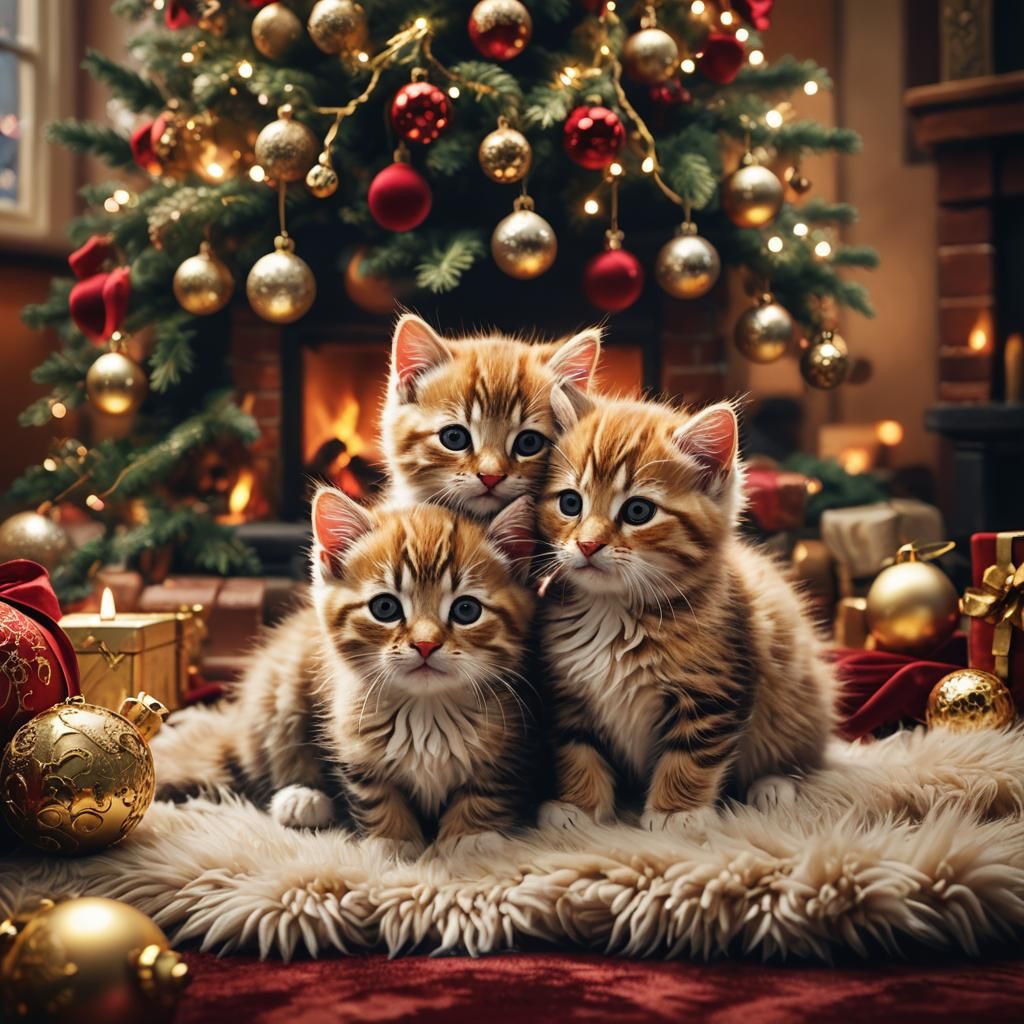 Kittens Snuggling by Christmas Tree: Matte Painting