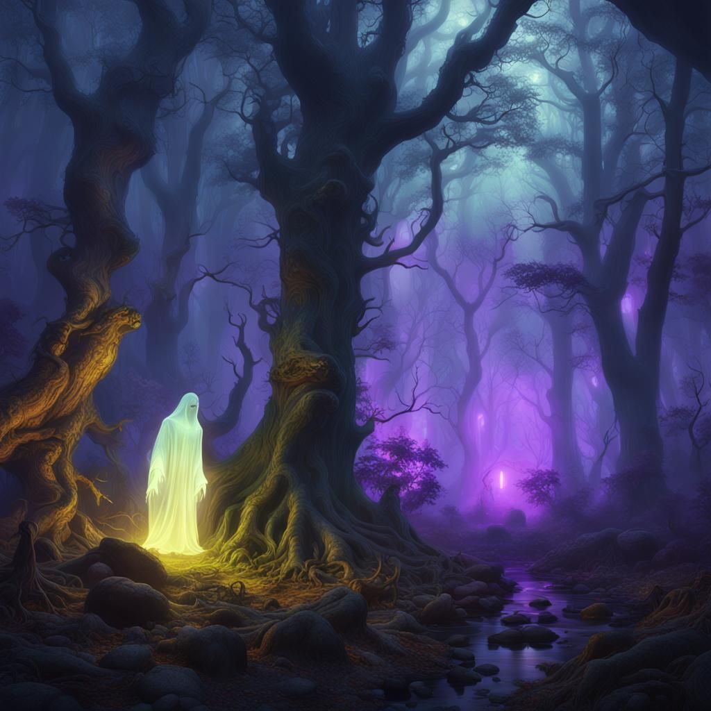 Ectoplasm Ghosts in Foggy Forest: Dark Fantasy Art