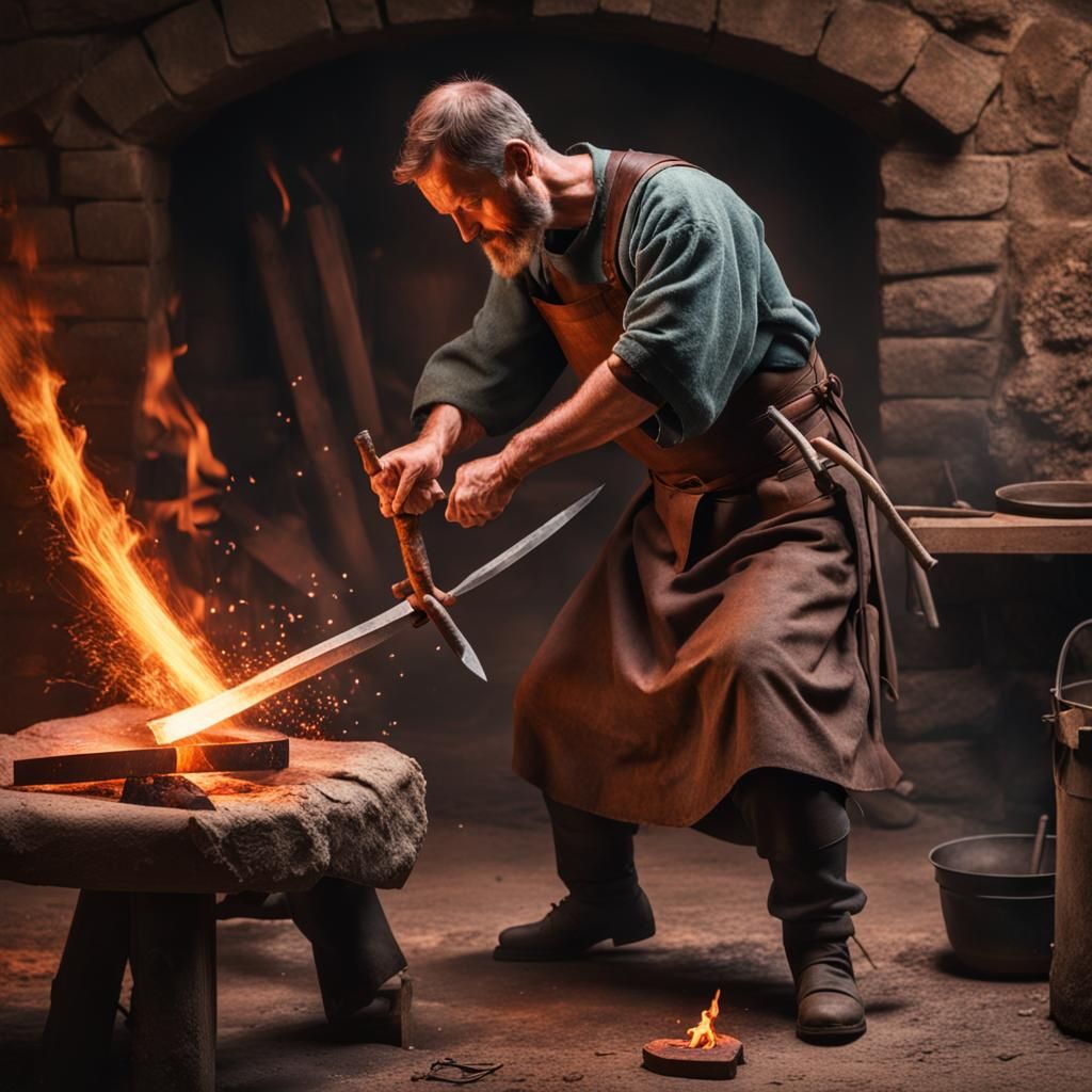Medieval Blacksmith Forging Sword Blade with Fire
