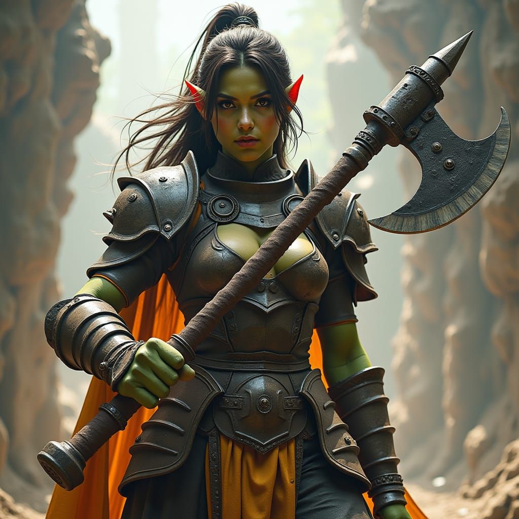 Armored Female Orc Warrior with Battle Axe