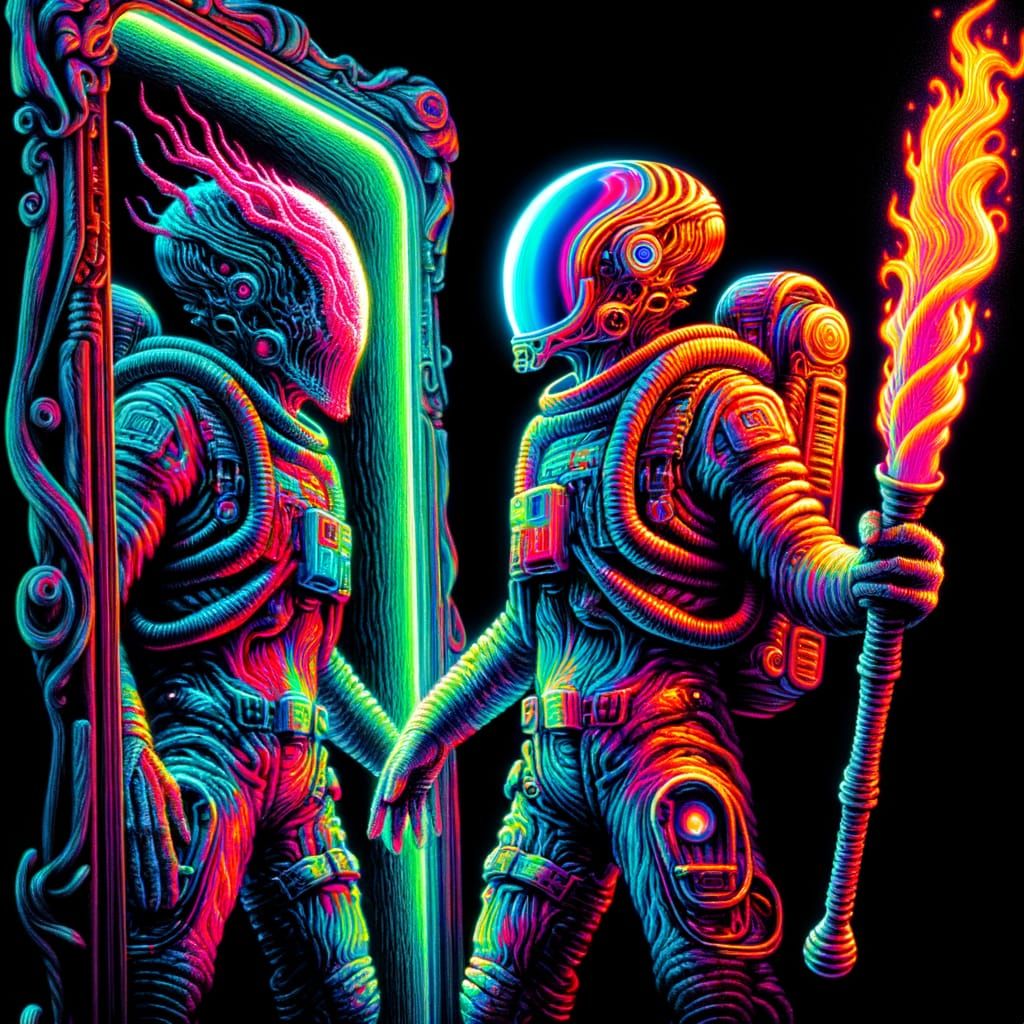 Cyberpunk Space Walker Alien in Surreal Reflection