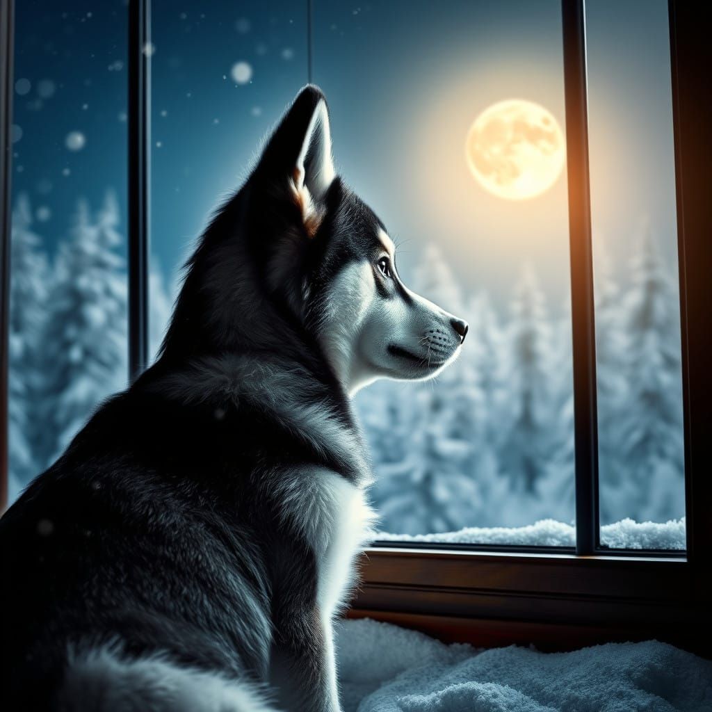 Husky Puppy Stares Out at Snowy Lunar Landscape