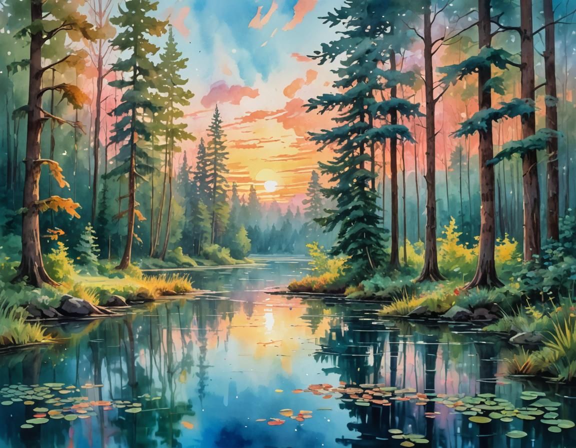 Impressionist Forest Sunset in Gouache Watercolor Style