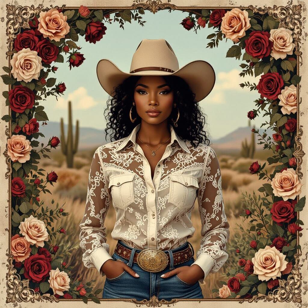 Cowgirl in Floral Arch, Vintage Rustic Style
