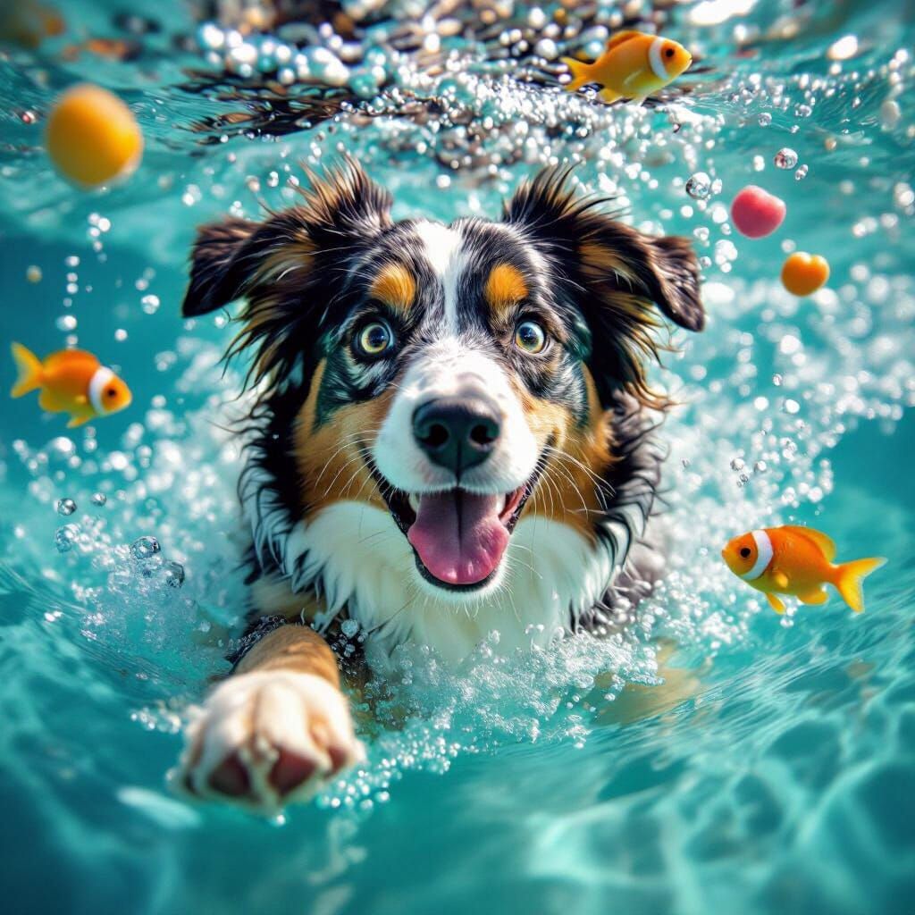 Energetic Australian Shepherd Underwater Adventure