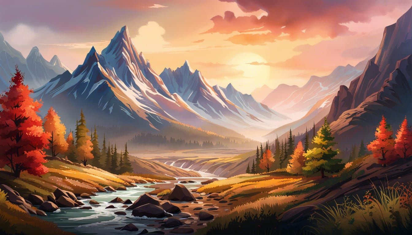 Epic Watercolor Mountain Landscape Digital Illustration