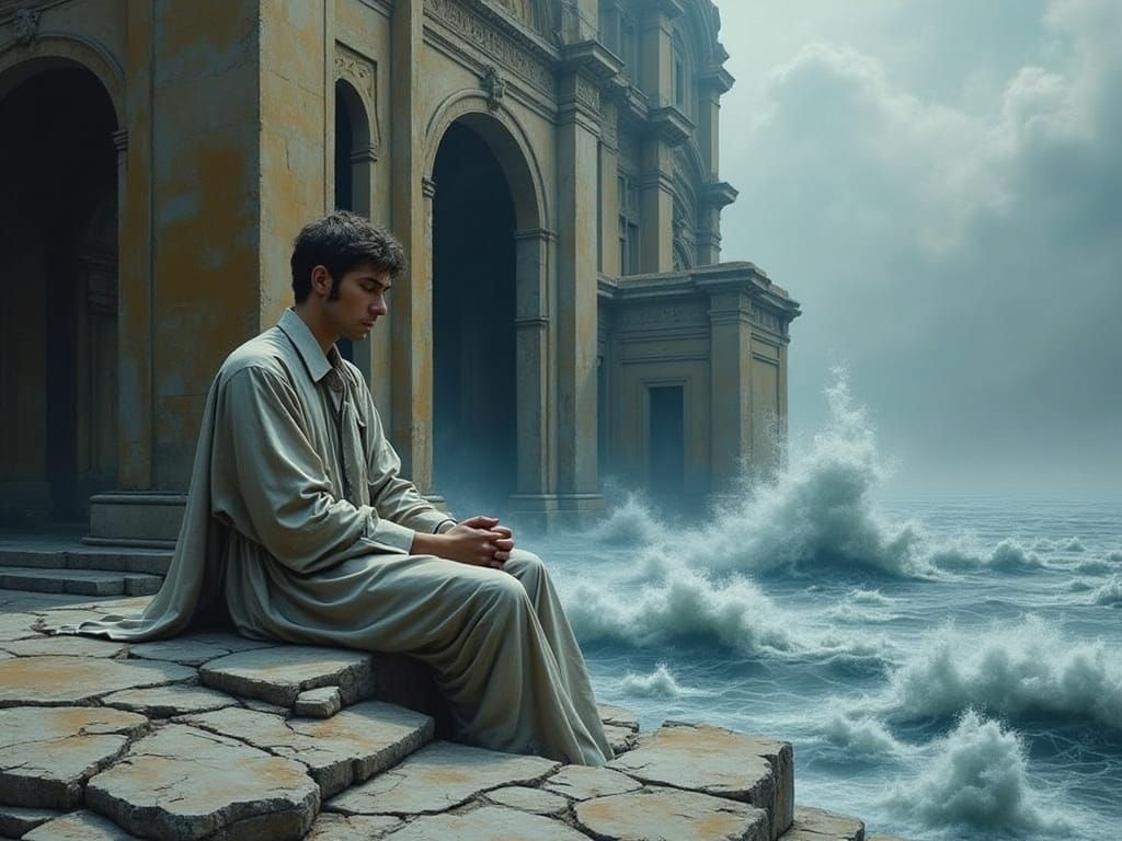 Stoic Figure Embodies Patience in Windswept Landscape