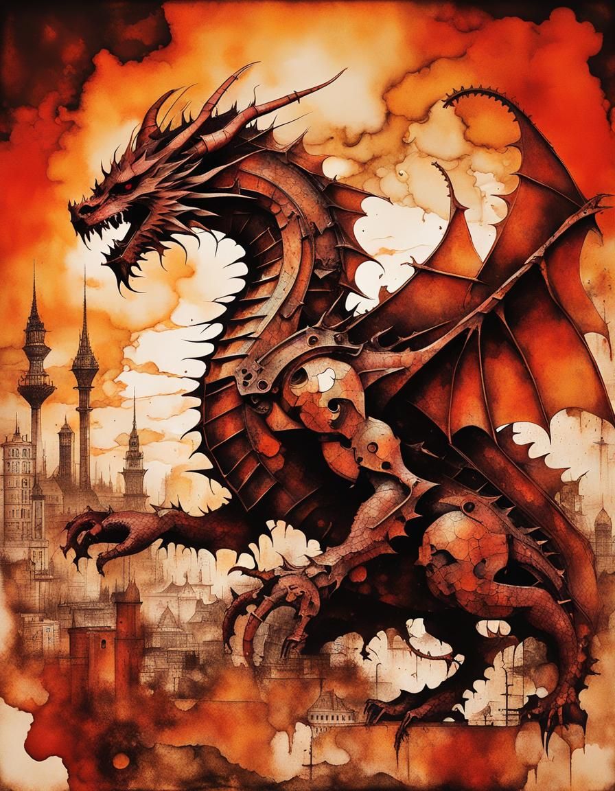 Mechanical Dragon Silhouette in Apocalyptic Cityscape