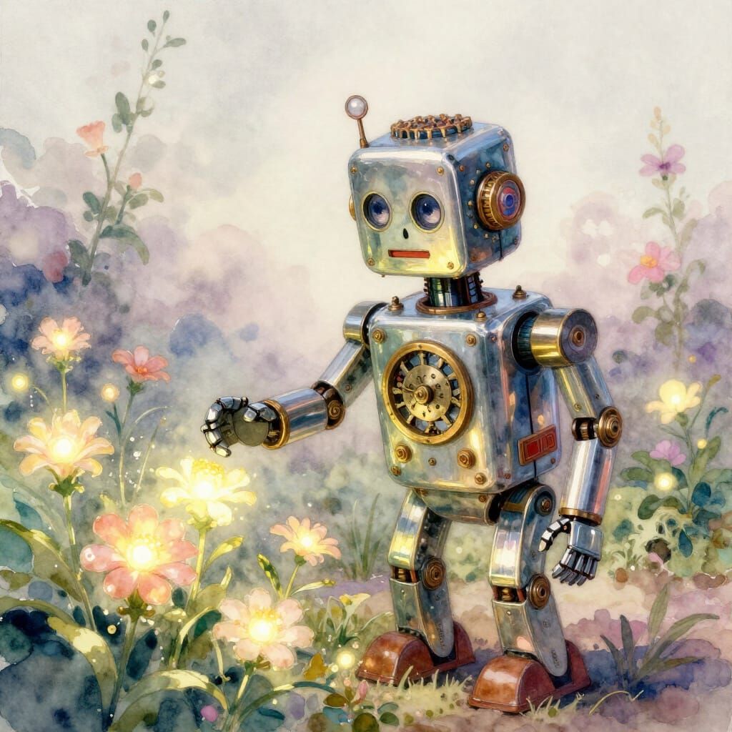 Whimsical Robot Tends Glowing Garden in Watercolor Style