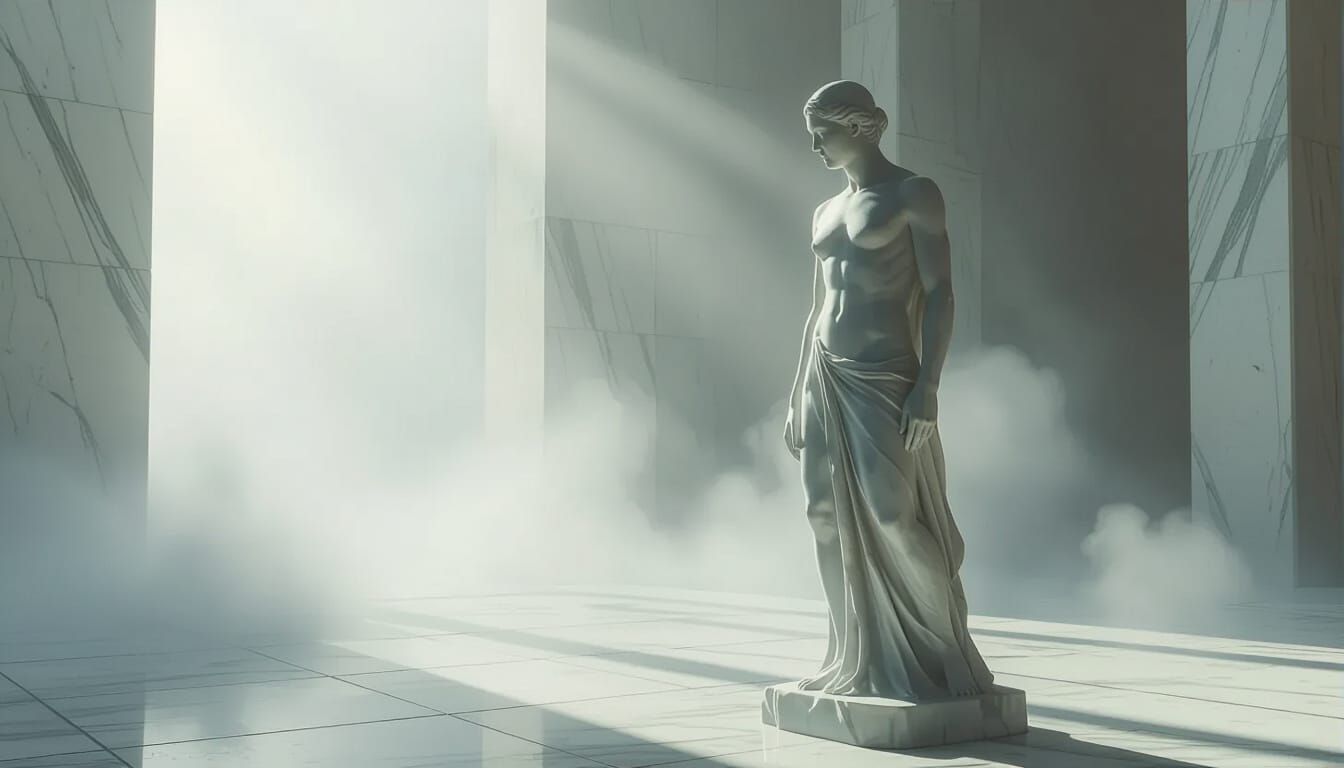 Contemplative Marble Figure in Ethereal Hall