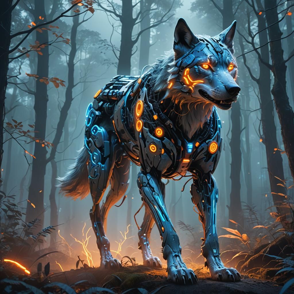 Cyborg Wolf Walking Through Misty Forest