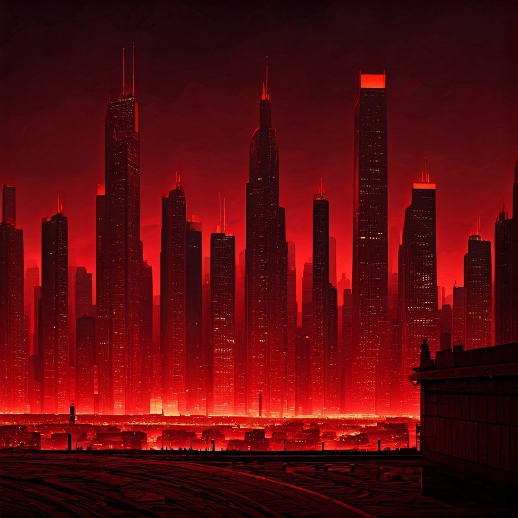 Futuristic Cityscape in Dystopian Red Glow