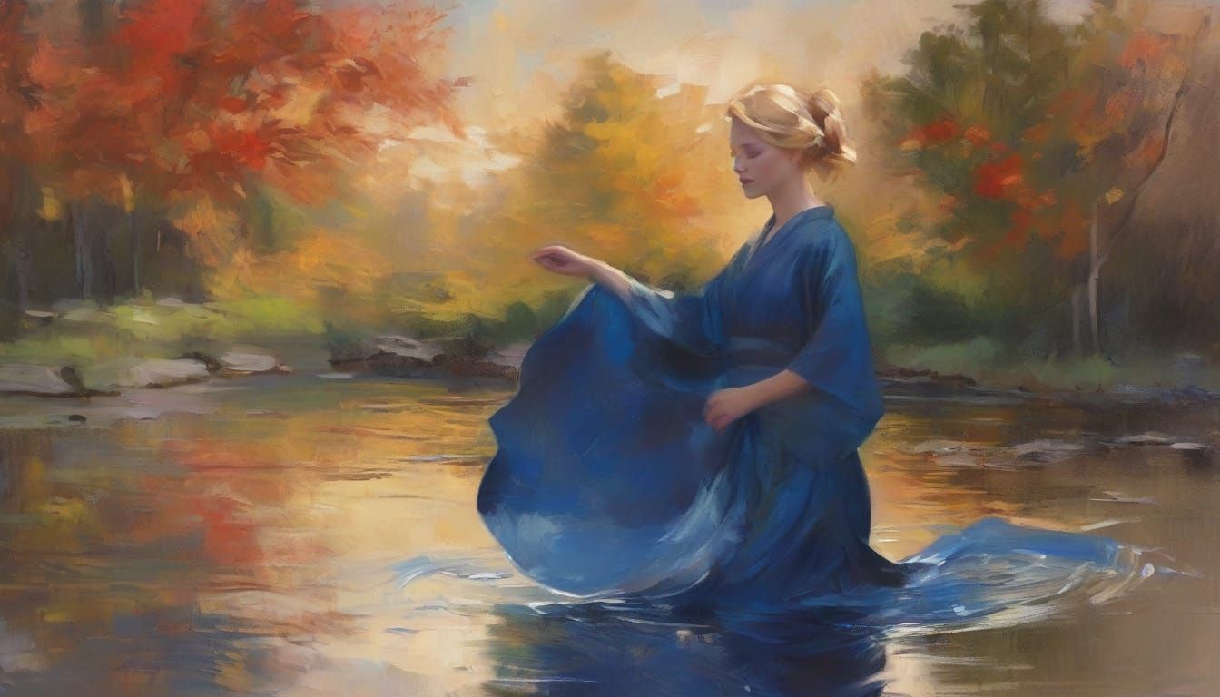 Woman Dancing in Kimono: Impressionistic Oil Painting