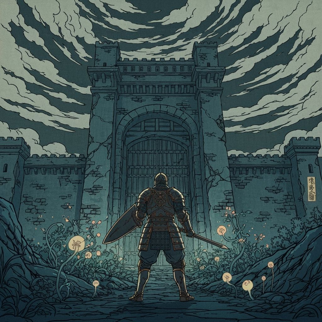 <lora:Shadow whimsy:1.0> A lone knight in ornate, battle-sca...