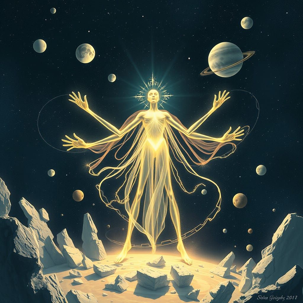 Ethereal Cosmic Entity Shaping Starlight and Gravity