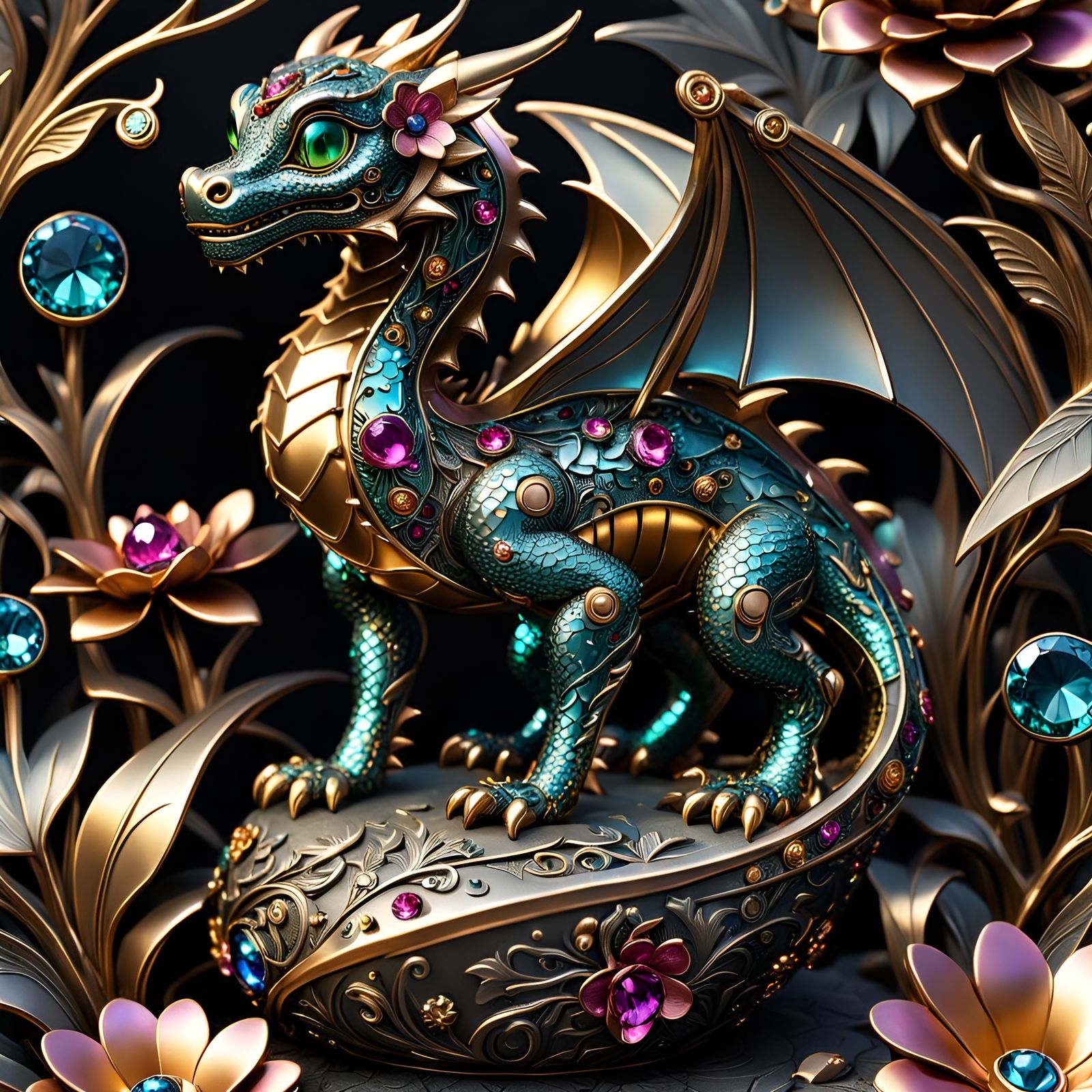 Engraved Metallic Dragon with Jewel Flowers