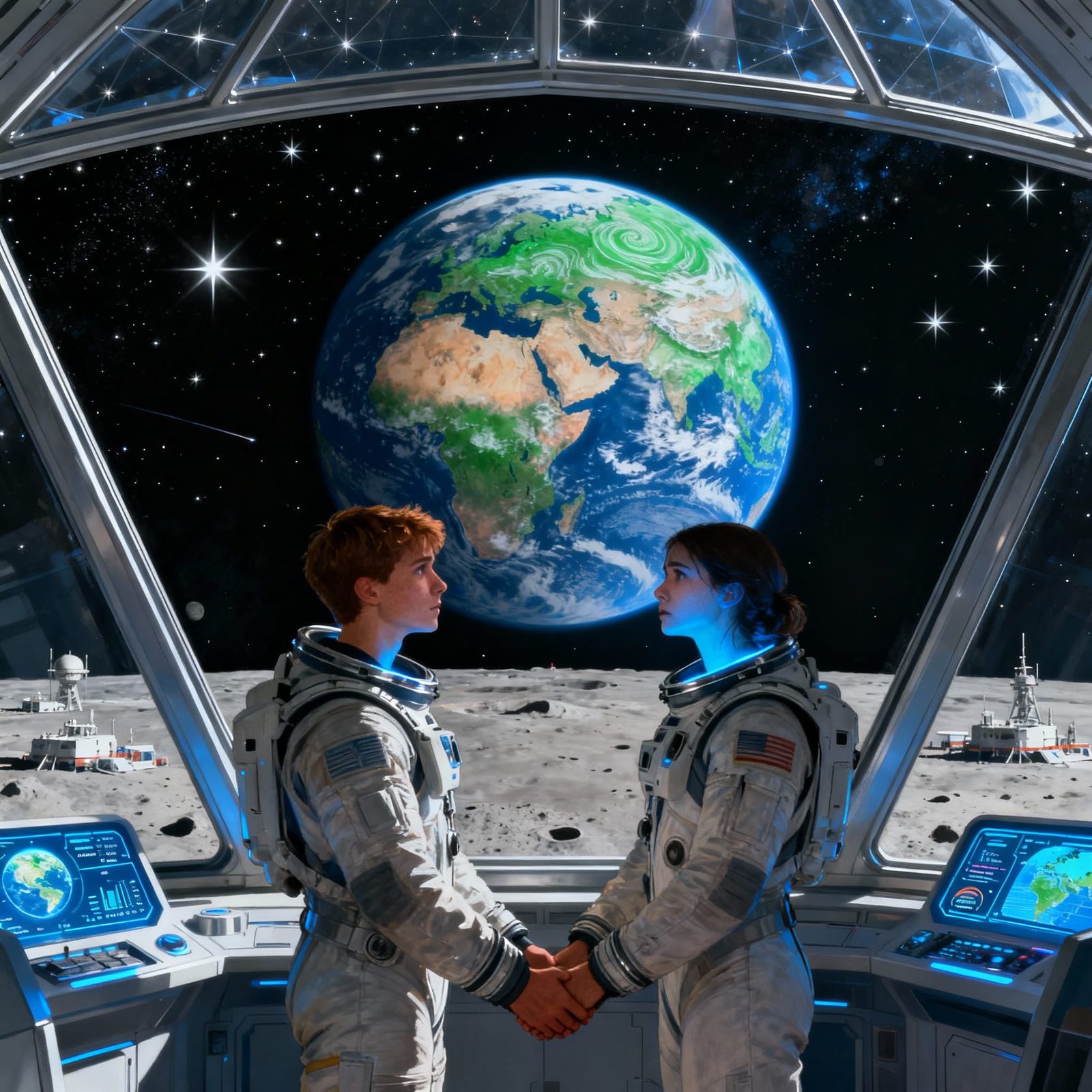 Couple Gazes at Transformed Earth from Lunar Station