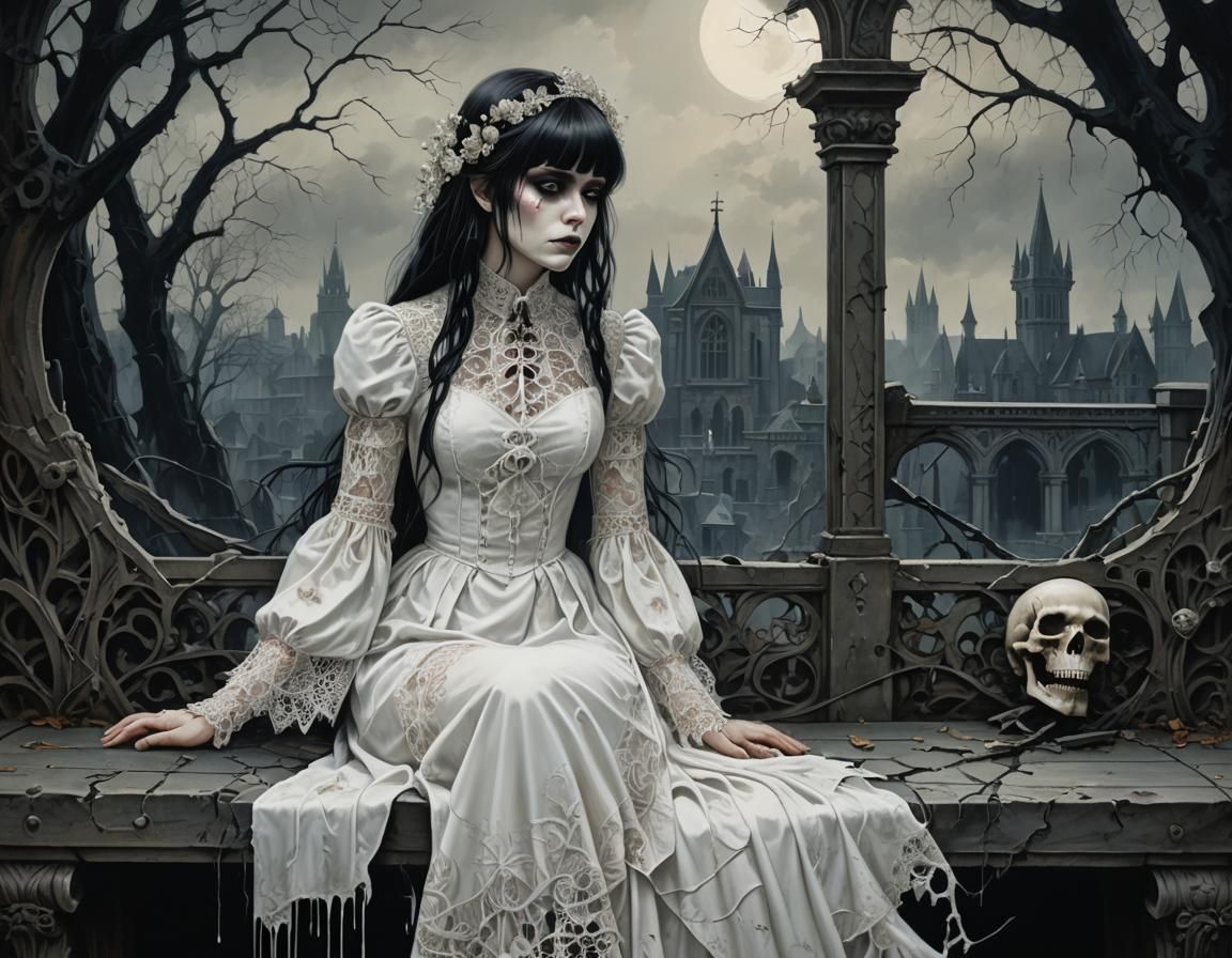Gothic Girl on Bench in Surrealist Style