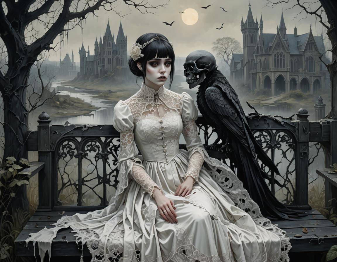 Gothic Girl on Bench in Surreal Lowbrow Art
