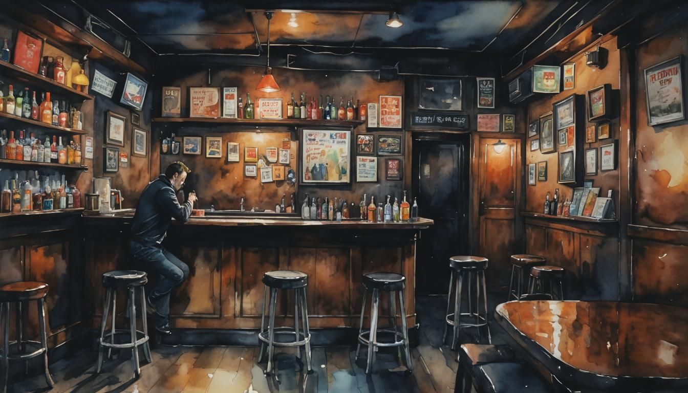 Lonely Drinker in Dimly Lit Watercolor Bar