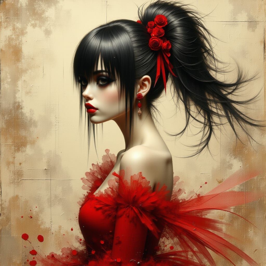 Whimsical Woman in Red Dress with Ponytail