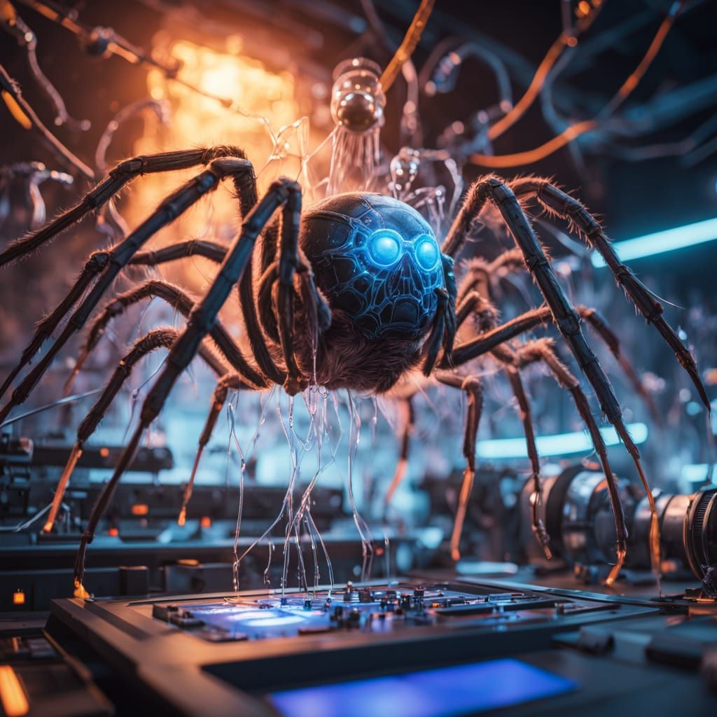 Bioluminescent Spider Weaves Futuristic Web in Hidden Labora...