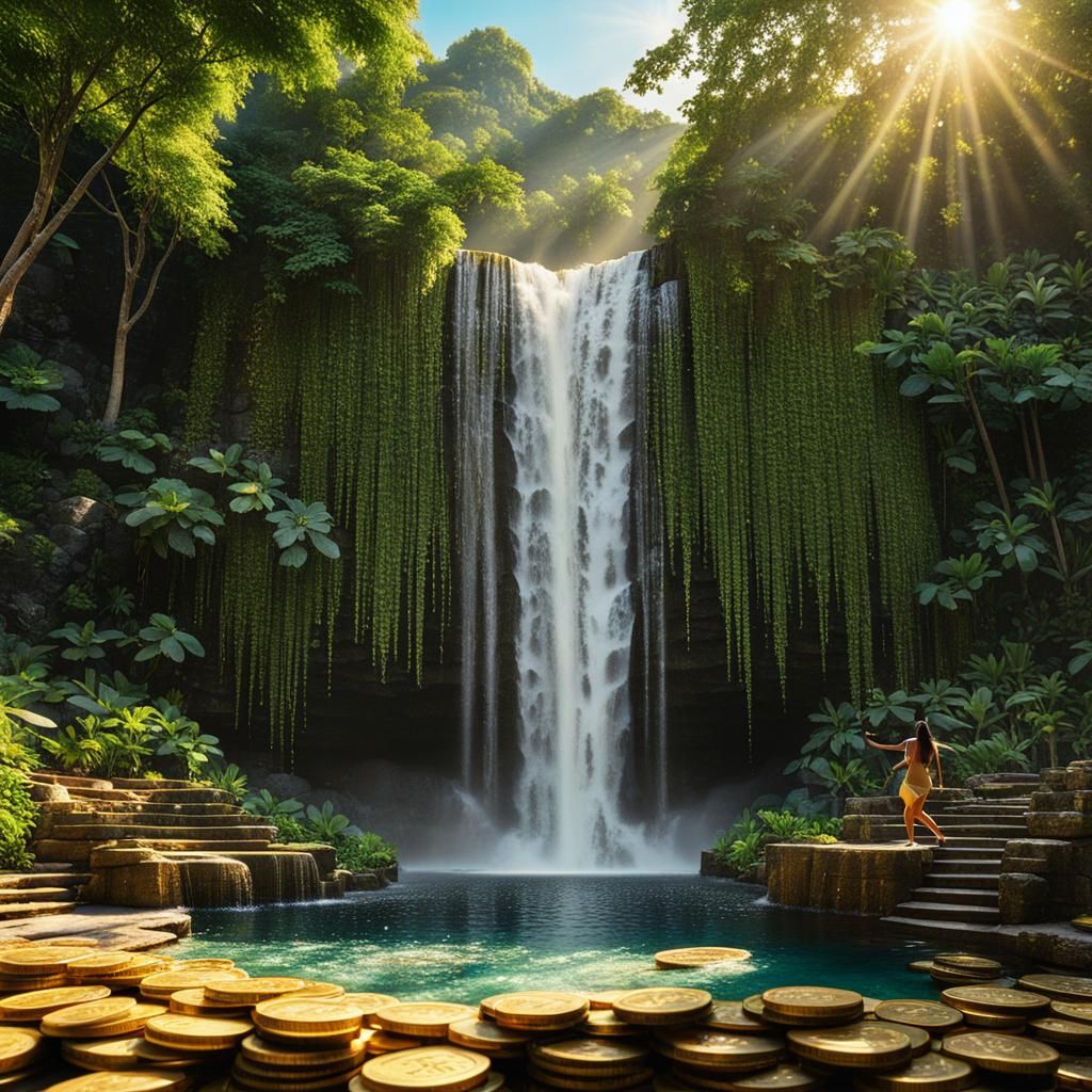 A majestic waterfall cascades, its torrent pouring glitterin...