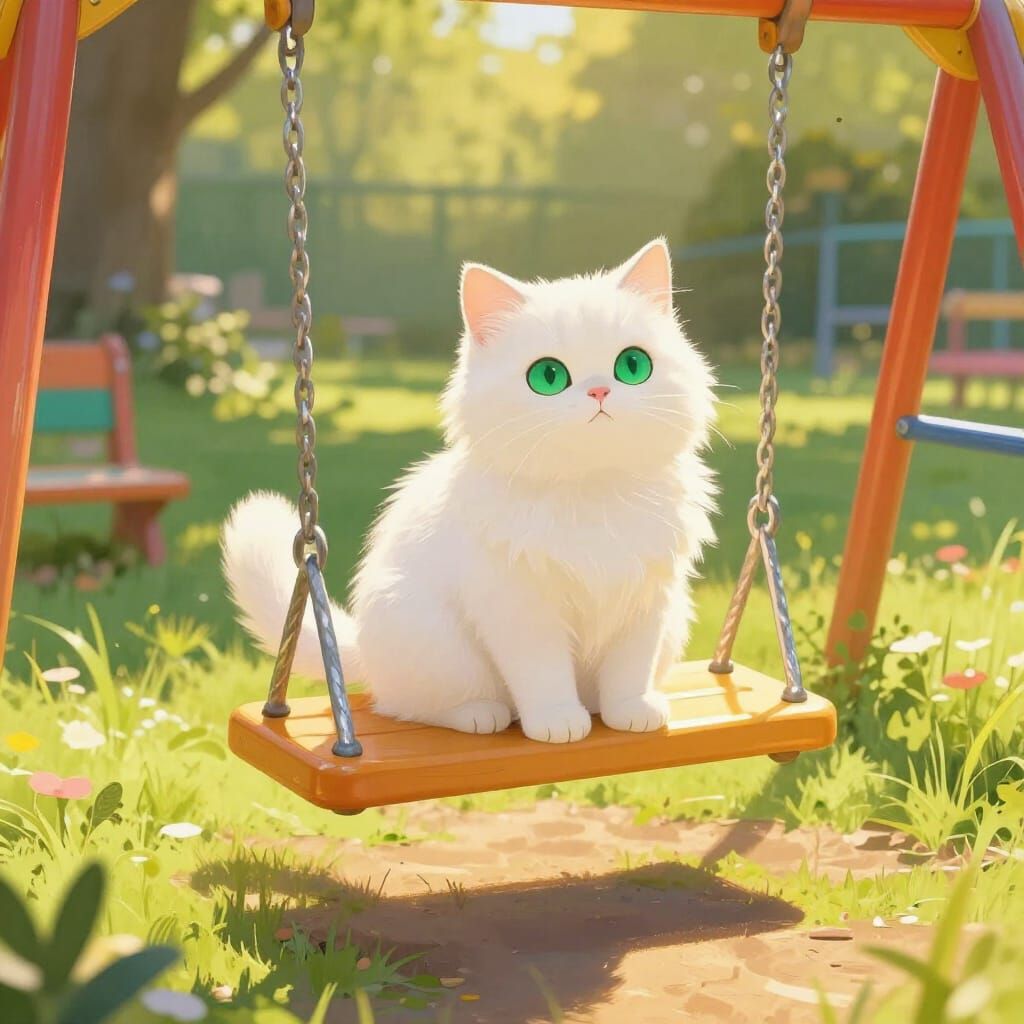 Fluffy Cat on Playground Swing in Golden Hour