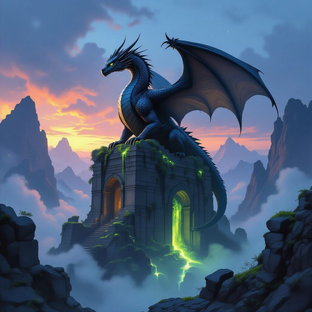 Obsidian Dragon on Ruin in Ethereal Mist