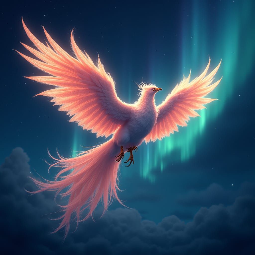 Aurora-Lit Phoenix Soaring in Starry Night Sky