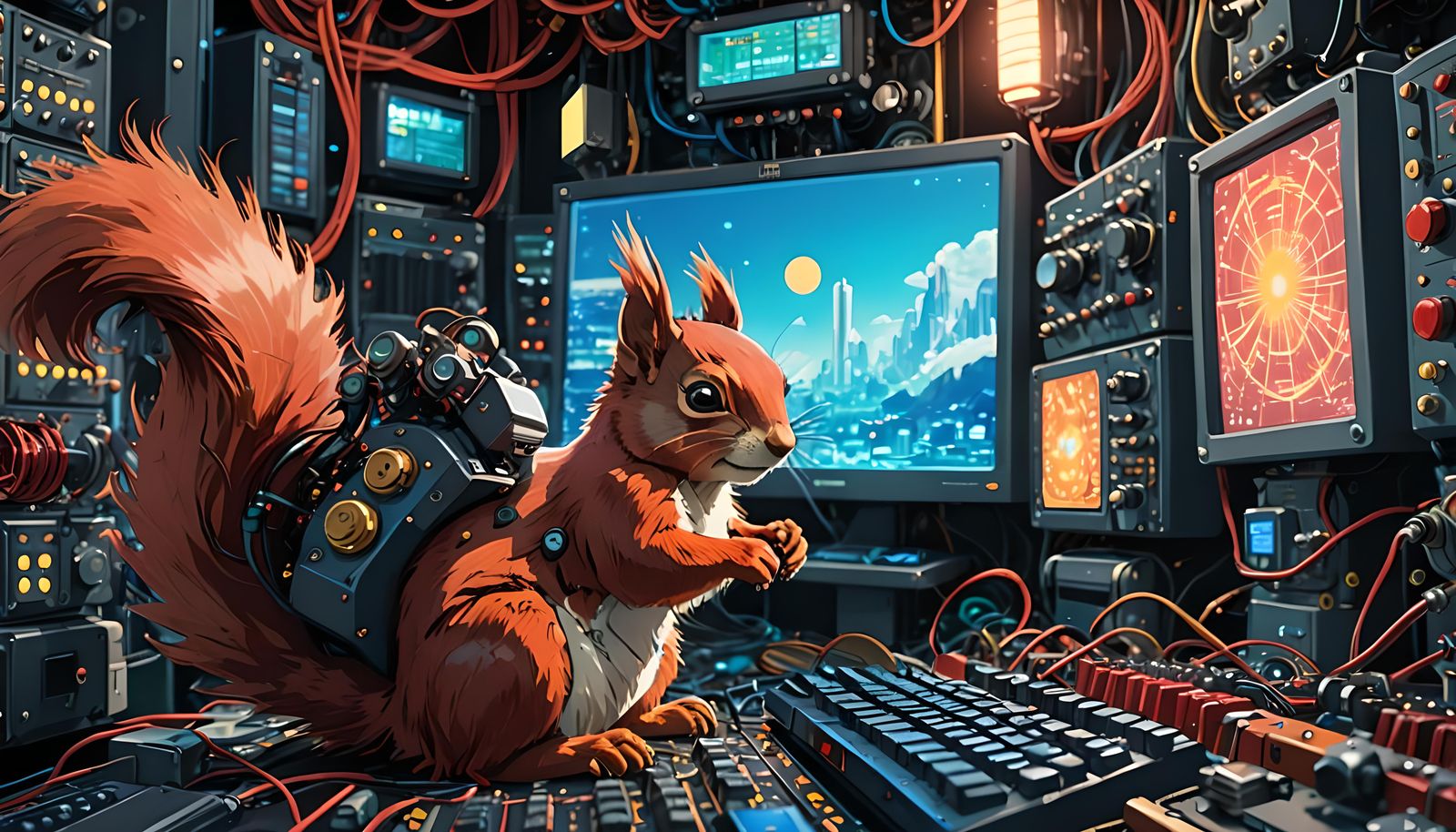 Red Squirrel Engineer in Solarpunk Ghibli Style